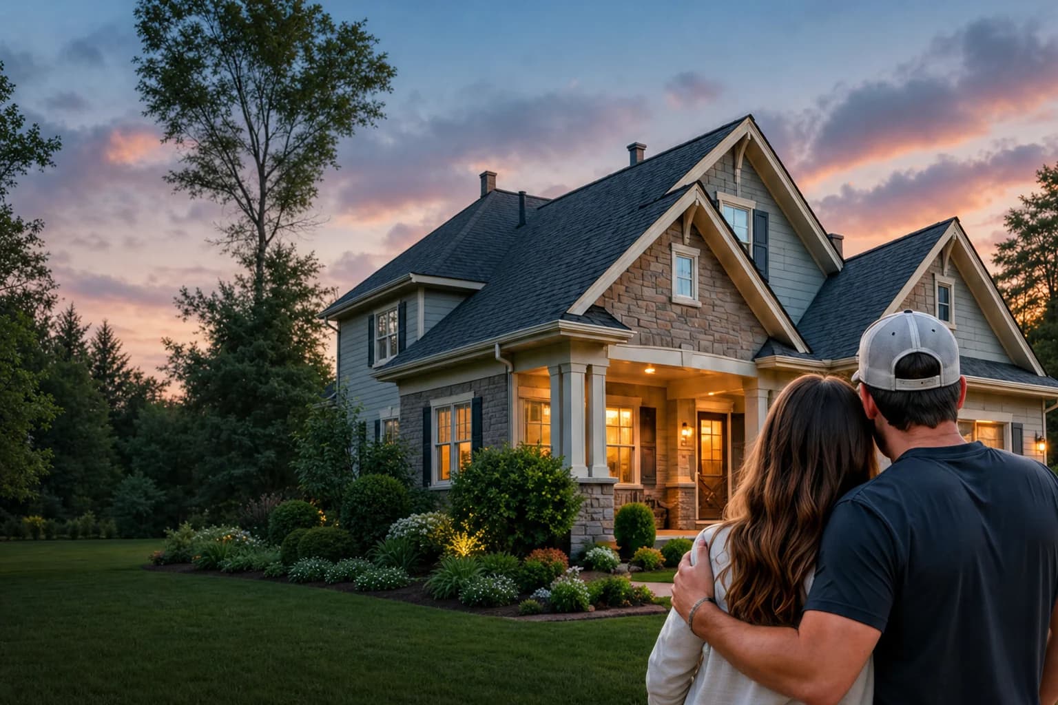 A couple with their arms around each other, looking at their home at dusk